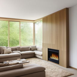 A rectangular living room featuring a stylish TV unit facing an L-shaped couch. Corner windows next to a cozy fireplace bathe the room in natural light, and a comfortable chair sits invitingly near the warmth.