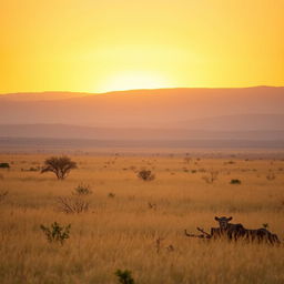 A serene African savanna landscape during the golden hour, capturing the perfect lighting just before sunset