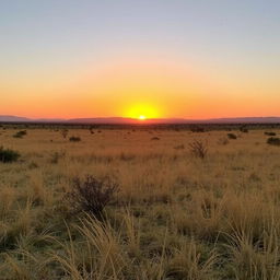 A serene African savanna landscape during the golden hour, capturing the perfect lighting just before sunset