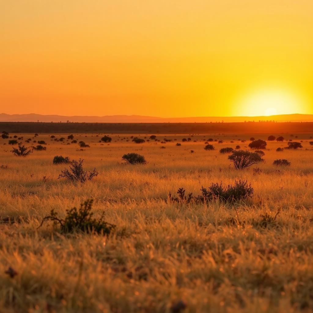 A serene African savanna landscape during the golden hour, capturing the perfect lighting just before sunset