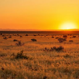 A serene African savanna landscape during the golden hour, capturing the perfect lighting just before sunset