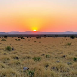 A serene African savanna landscape during the golden hour, capturing the perfect lighting just before sunset