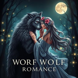 A stunning book cover design featuring a romantic scene between a werewolf and a beautiful woman under a full moon