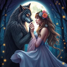 A stunning book cover design featuring a romantic scene between a werewolf and a beautiful woman under a full moon