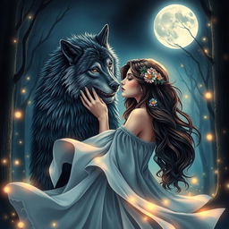 A stunning book cover design featuring a romantic scene between a werewolf and a beautiful woman under a full moon