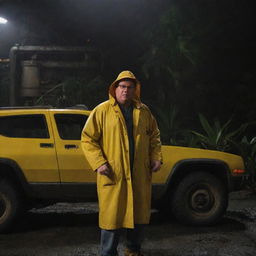 Depict Dennis Nedry, clad in his yellow raincoat, shutting down the power at the power plant, cloaking Isla Nublar in darkness. He quickly retreats back to his Jurassic Park-readied vehicle, a moment of high tension.