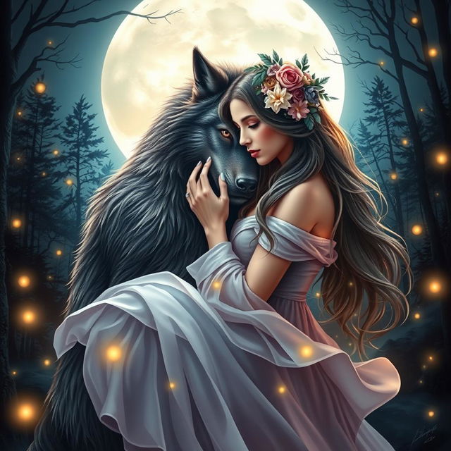 A stunning book cover design featuring a romantic scene between a werewolf and a beautiful woman under a full moon