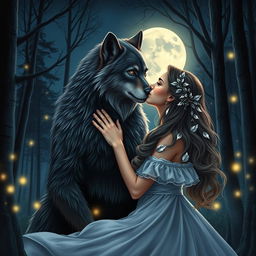 A captivating book cover design featuring a romantic scene between a handsome werewolf and a beautiful woman in a moonlit forest