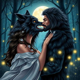 A captivating book cover design featuring a romantic scene between a handsome werewolf and a beautiful woman in a moonlit forest