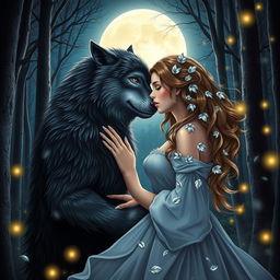 A captivating book cover design featuring a romantic scene between a handsome werewolf and a beautiful woman in a moonlit forest