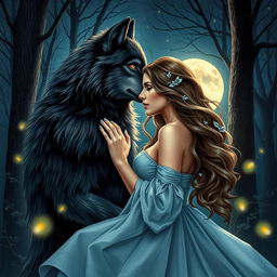 A captivating book cover design featuring a romantic scene between a handsome werewolf and a beautiful woman in a moonlit forest