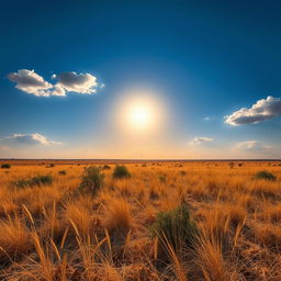 A beautiful African savanna landscape with the sun positioned in the middle of the sky, providing ideal lighting