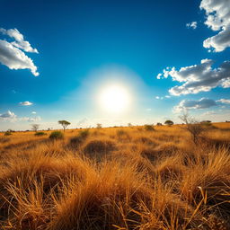 A beautiful African savanna landscape with the sun positioned in the middle of the sky, providing ideal lighting