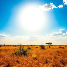 A beautiful African savanna landscape with the sun positioned in the middle of the sky, providing ideal lighting