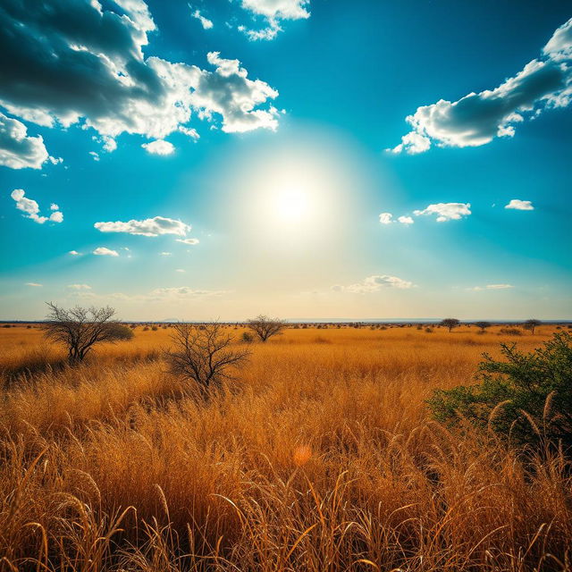 A beautiful African savanna landscape with the sun positioned in the middle of the sky, providing ideal lighting