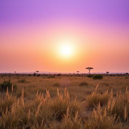 A stunning African savanna landscape captured at dusk, with the sun positioned in the middle of the sky, radiating cool, soft light as it prepares to set