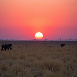 A stunning African savanna landscape captured at dusk, with the sun positioned in the middle of the sky, radiating cool, soft light as it prepares to set