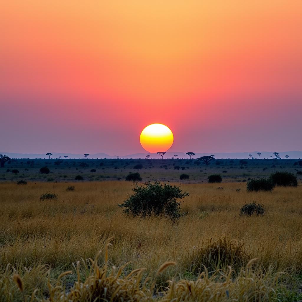 A stunning African savanna landscape captured at dusk, with the sun positioned in the middle of the sky, radiating cool, soft light as it prepares to set