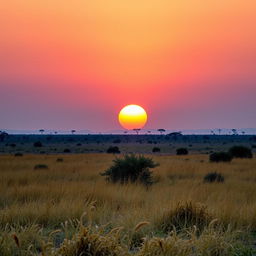 A stunning African savanna landscape captured at dusk, with the sun positioned in the middle of the sky, radiating cool, soft light as it prepares to set