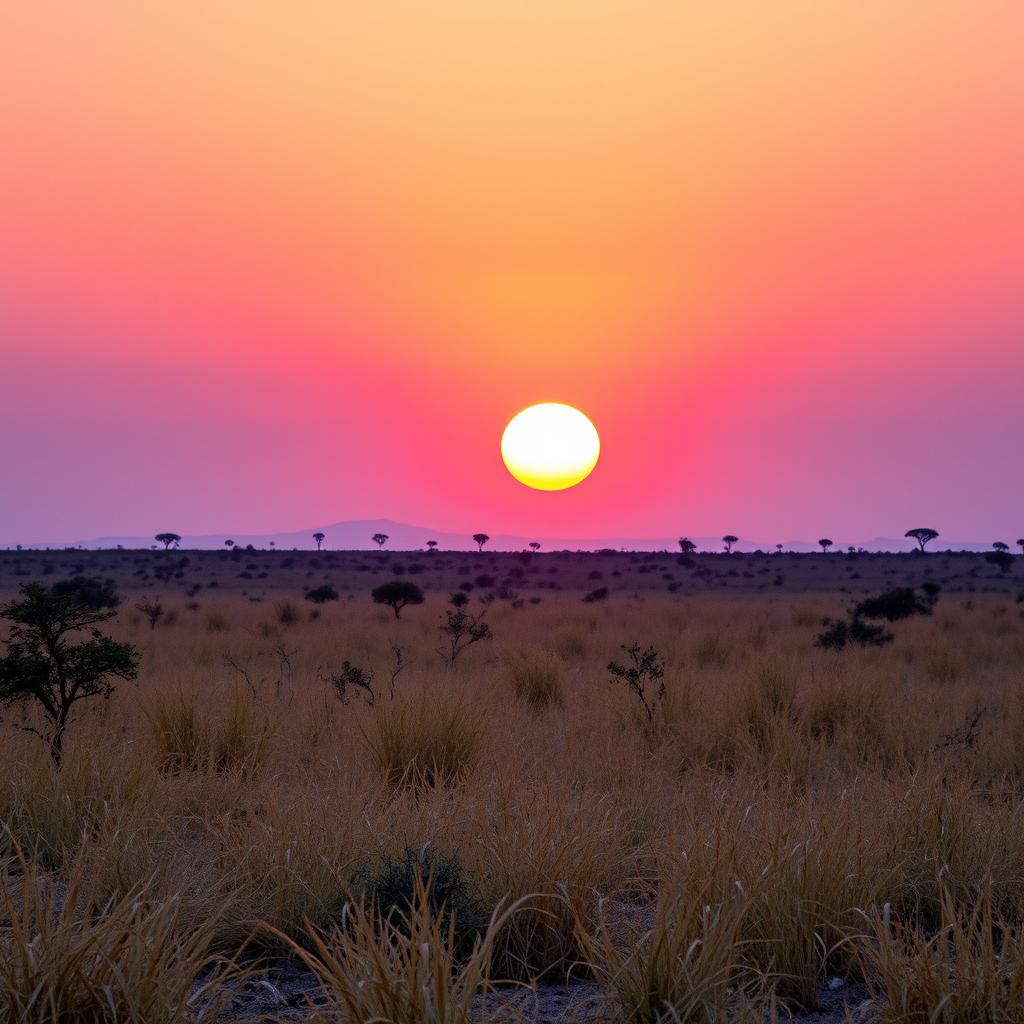 A stunning African savanna landscape captured at dusk, with the sun positioned in the middle of the sky, radiating cool, soft light as it prepares to set