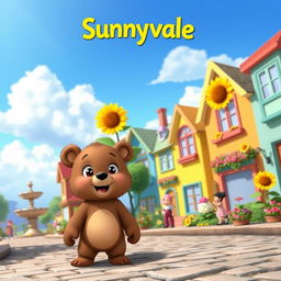 A bright and cheerful village named Sunnyvale, showcasing colorful houses with flower-filled gardens and smiling sunflowers