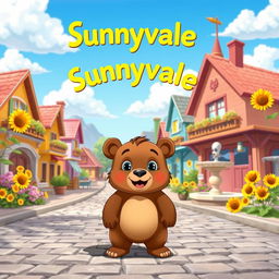 A bright and cheerful village named Sunnyvale, showcasing colorful houses with flower-filled gardens and smiling sunflowers