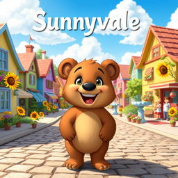 A bright and cheerful village named Sunnyvale, showcasing colorful houses with flower-filled gardens and smiling sunflowers