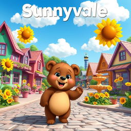 A bright and cheerful village named Sunnyvale, showcasing colorful houses with flower-filled gardens and smiling sunflowers