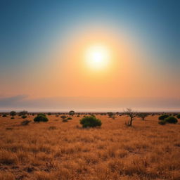 A captivating African savanna landscape showcasing the perfect lighting as the sun hangs in the middle of the sky, radiating a cool, soft light that suggests the approach of sunset