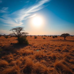 A captivating African savanna landscape showcasing the perfect lighting as the sun hangs in the middle of the sky, radiating a cool, soft light that suggests the approach of sunset