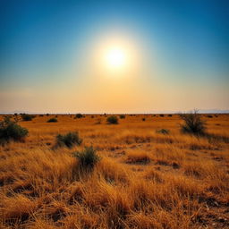 A captivating African savanna landscape showcasing the perfect lighting as the sun hangs in the middle of the sky, radiating a cool, soft light that suggests the approach of sunset