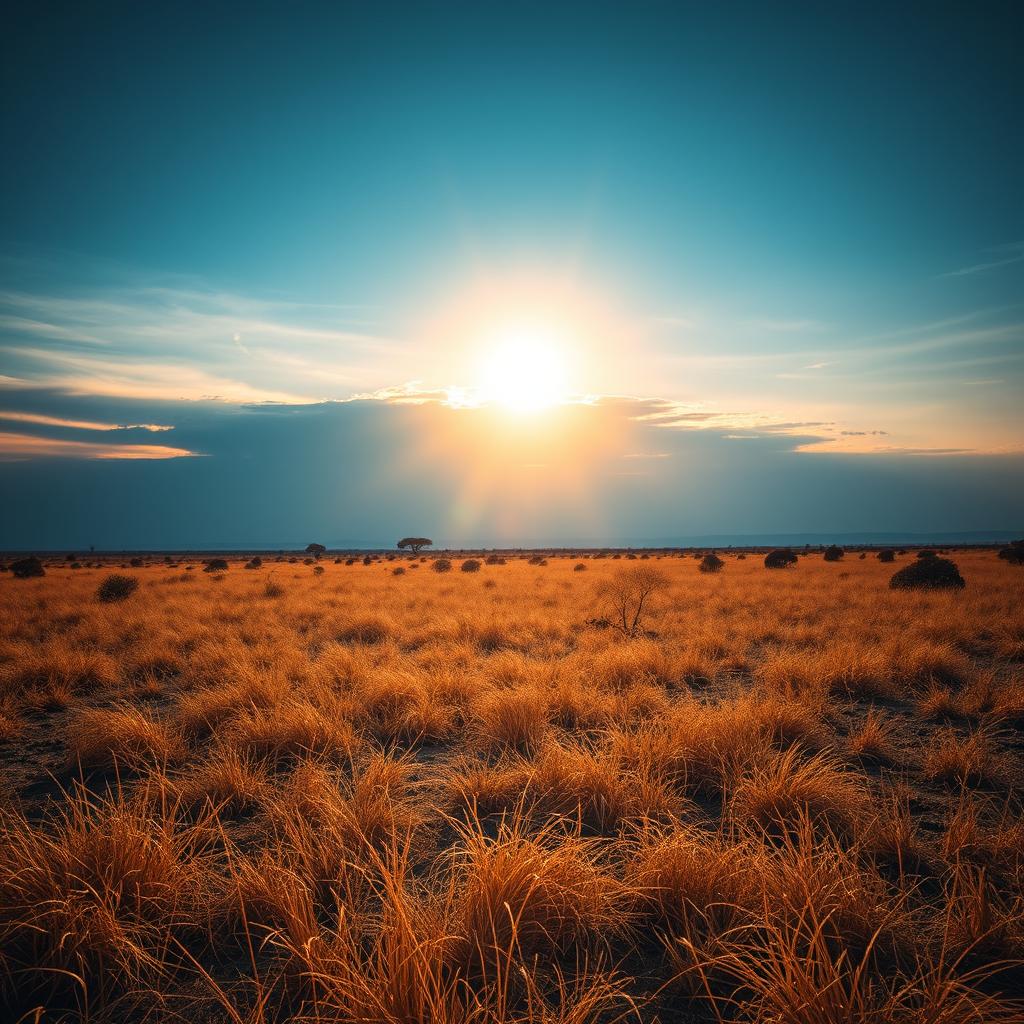 A captivating African savanna landscape showcasing the perfect lighting as the sun hangs in the middle of the sky, radiating a cool, soft light that suggests the approach of sunset