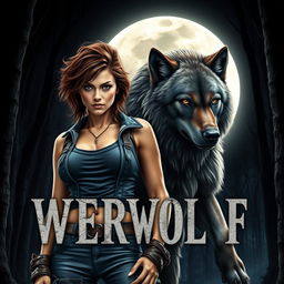 A striking book cover design featuring a fierce female character alongside a majestic werewolf beneath a bright full moon