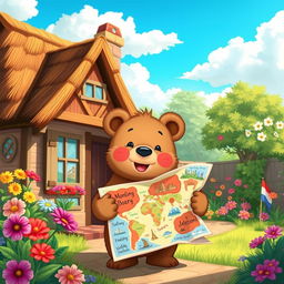 An illustration of Benny the little bear, a small bear with soft brown fur and a joyful expression, standing in front of his cozy home