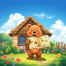 An illustration of Benny the little bear, a small bear with soft brown fur and a joyful expression, standing in front of his cozy home