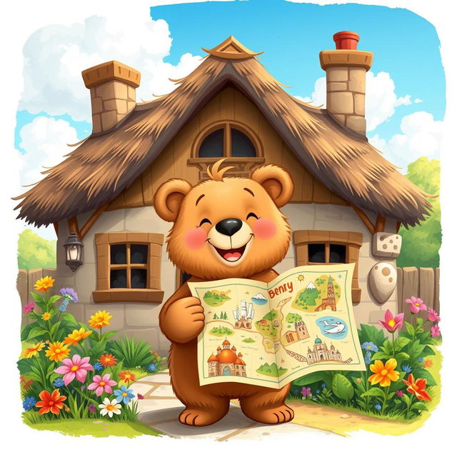 An illustration of Benny the little bear, a small bear with soft brown fur and a joyful expression, standing in front of his cozy home