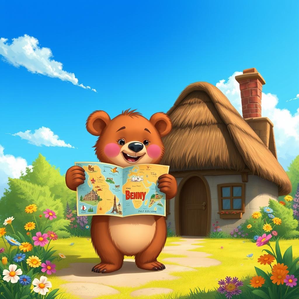 An illustration of Benny the little bear, a small bear with soft brown fur and a joyful expression, standing in front of his cozy home