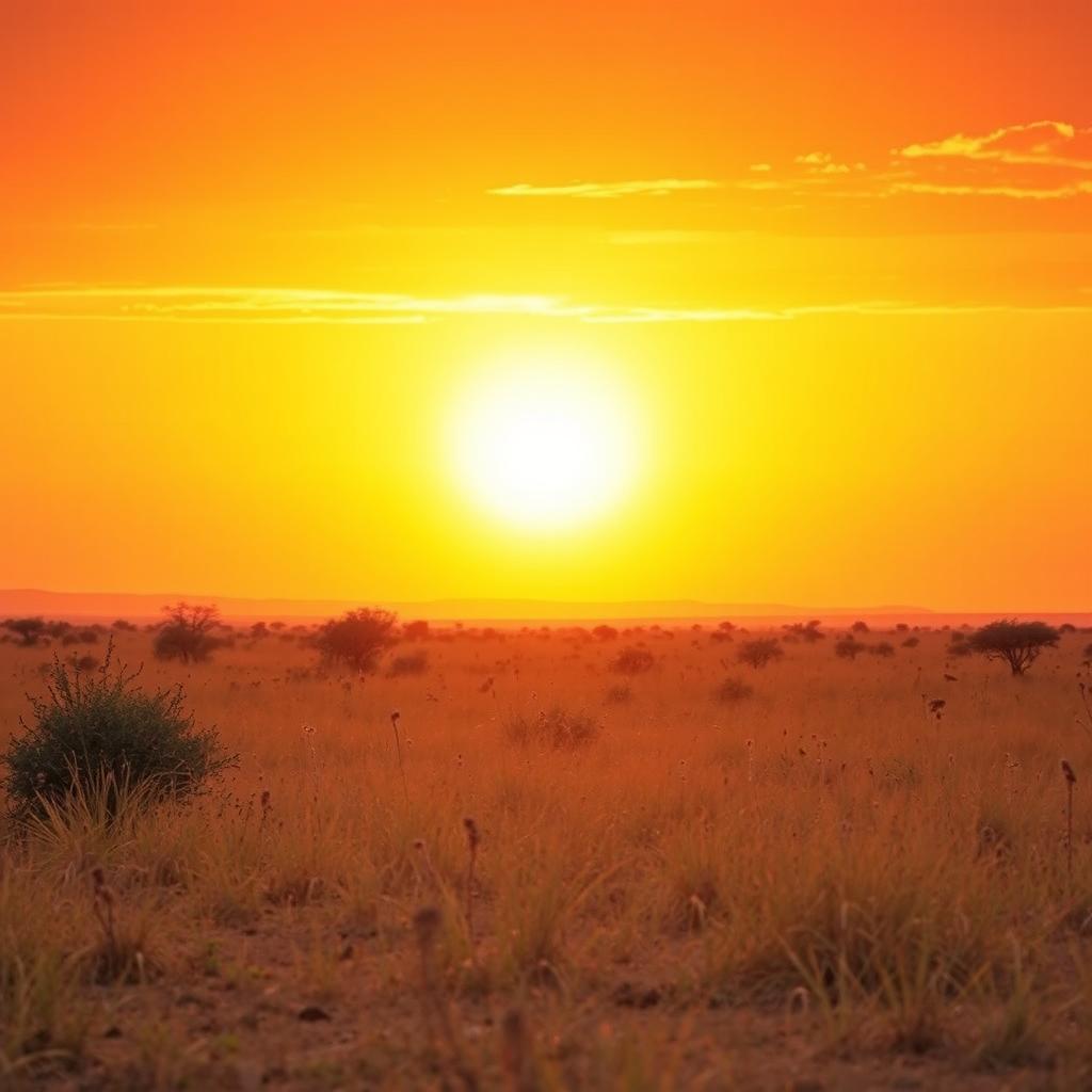 An enchanting African savanna landscape featuring a vibrant orange sky at dusk, with the sun positioned perfectly in the middle, casting a soft, cool light across the scene