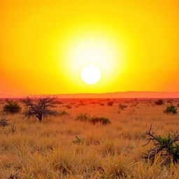 An enchanting African savanna landscape featuring a vibrant orange sky at dusk, with the sun positioned perfectly in the middle, casting a soft, cool light across the scene