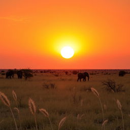 An enchanting African savanna landscape featuring a vibrant orange sky at dusk, with the sun positioned perfectly in the middle, casting a soft, cool light across the scene