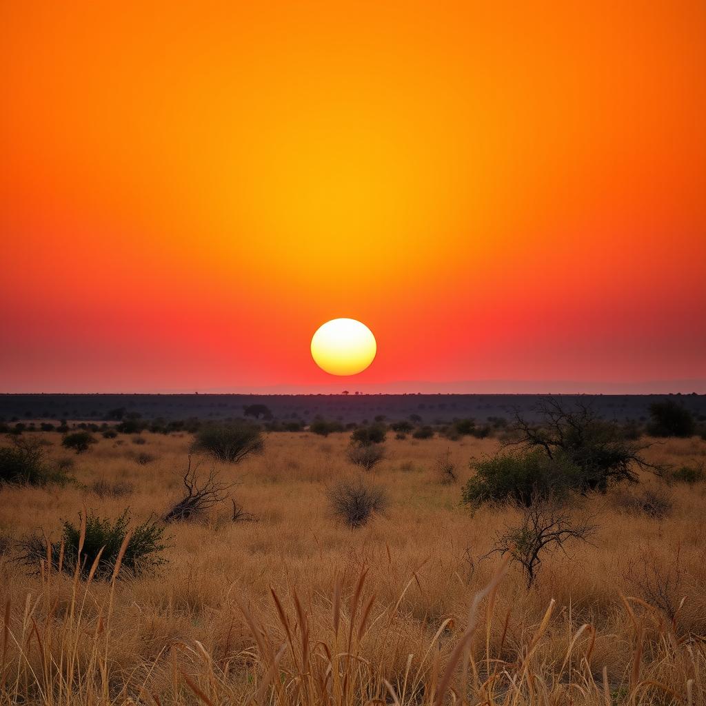 An enchanting African savanna landscape featuring a vibrant orange sky at dusk, with the sun positioned perfectly in the middle, casting a soft, cool light across the scene