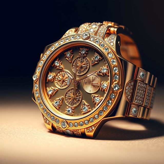 A luxurious gold watch adorned with intricate designs and sparkling diamonds, showcasing its elegance and richness