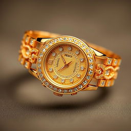 A luxurious gold watch adorned with intricate designs and sparkling diamonds, showcasing its elegance and richness