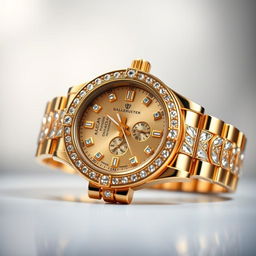 A luxurious gold watch adorned with intricate designs and sparkling diamonds, showcasing its elegance and richness