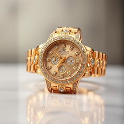 A luxurious gold watch adorned with intricate designs and sparkling diamonds, showcasing its elegance and richness