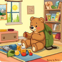 An illustration of Benny the little bear, with soft brown fur and an eager expression, in the process of packing his backpack