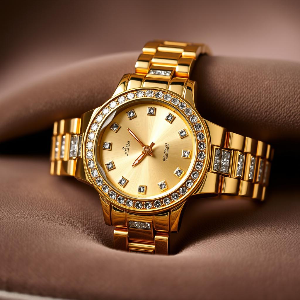 A luxurious gold watch adorned with sparkling diamonds, featuring a classic round face and intricate details