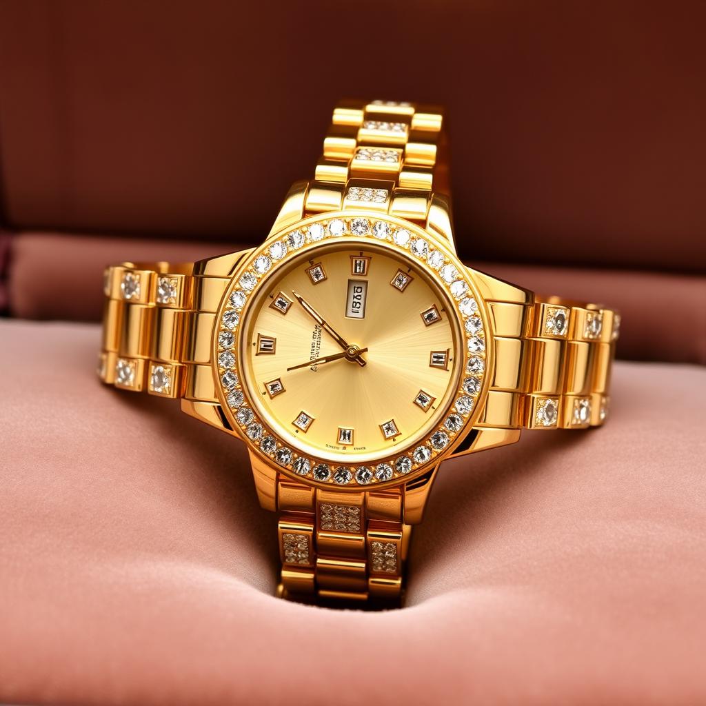 A luxurious gold watch adorned with sparkling diamonds, featuring a classic round face and intricate details