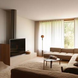 A rectangular living room featuring a stylish TV unit facing an L-shaped couch. Corner windows next to a cozy fireplace bathe the room in natural light, and a comfortable chair sits invitingly near the warmth.