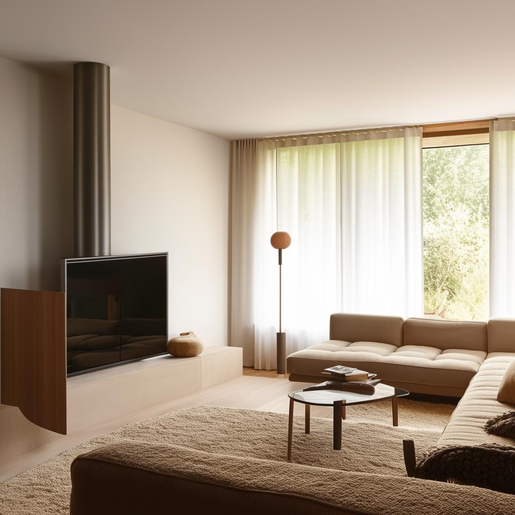 A rectangular living room featuring a stylish TV unit facing an L-shaped couch. Corner windows next to a cozy fireplace bathe the room in natural light, and a comfortable chair sits invitingly near the warmth.